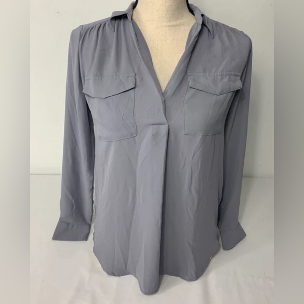 Ann Taylor Womens Medium Grey V-Neck Long Sleeve Utility Blouse‎ Pocket Top